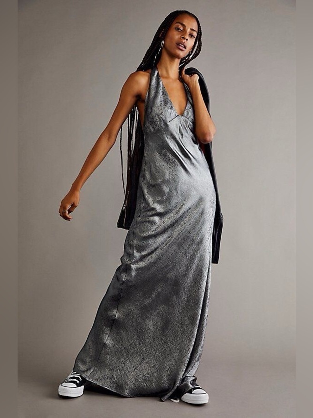 Free People Ella  Halter Maxi Dress in Dark Gray with Black Bottom